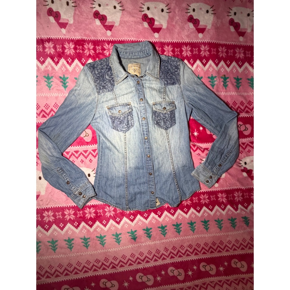 Guess Kids Denim Shirt Lace Shoulder Hand Painted Heart Back Light Wash Small